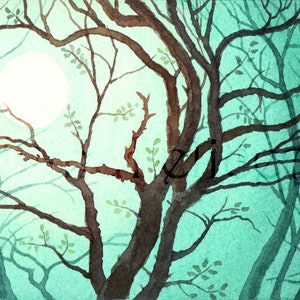 Nocturnal green-watercolor painting,original,original painting,night landscape,moon in the branches,green atmosphere,moonlight,moon,forest