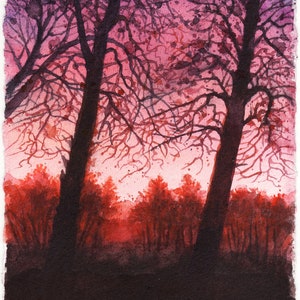 Tarde de otoño – pintura de acuarela, pintura original, paisaje natural, puesta de sol, árboles desnudos