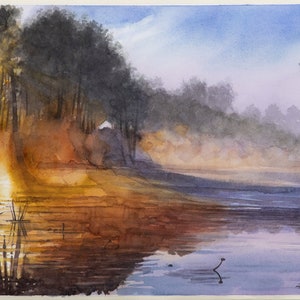 Lo stagno-dipinto a acquarelli originale,pittura di paesaggio naturale,stagno nel bosco,sole filtra tra i rami,acqua stagnante,cielo celeste