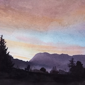 Alba-dipinto originale ad acquarelli,pittura acquarello paesaggio naturale,sole che sorge al mattino,montagne,nuvole colorate,valle in ombra