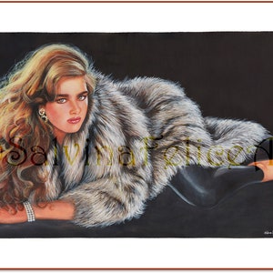 Print from my original mixed media painting Glamour, fur, red hair, young model, vintage fashion, eighties, long hair image 6