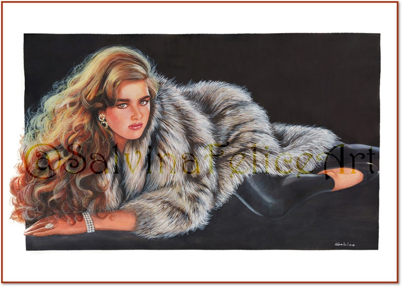 Print from my original mixed media painting Glamour, fur, red hair, young model, vintage fashion, eighties, long hair image 6