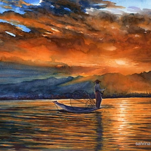Tramonto-dipinto a acquarelli originale,pescatore che rema,pittura paesaggio di pesca sul fiume in barca,sole al tramonto tra le nuvole nere