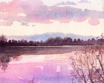 川の上のオーロラ - オリジナルの水彩画、湖の風景画、夜明け、山、森