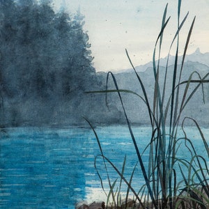 Silenzi-dipinto a acquarelli originale,pittura di paesaggio lacustre, montagne,boschi,acqua calma,sterpaglie in riva al lago,
