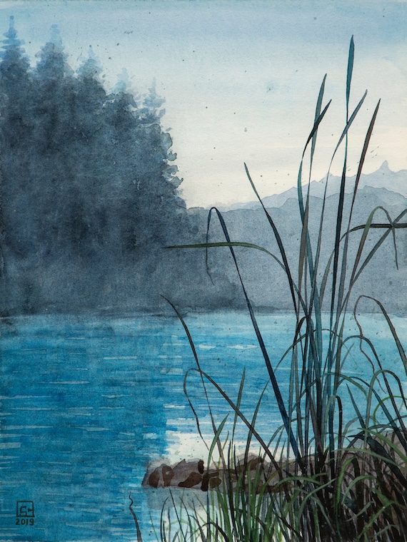 シレンツィ - オリジナルの水彩画、湖の風景画、山、森、穏やかな水