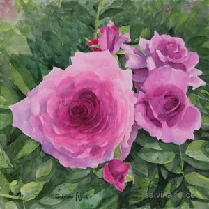 Rose rosa-dipinto a acquarello originale,fiori rosa sbocciati,pittura floreale,rose fiorite in gruppo,foglie verdi,dipinto per camera,