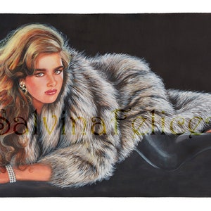 Print from my original mixed media painting Glamour, fur, red hair, young model, vintage fashion, eighties, long hair image 1