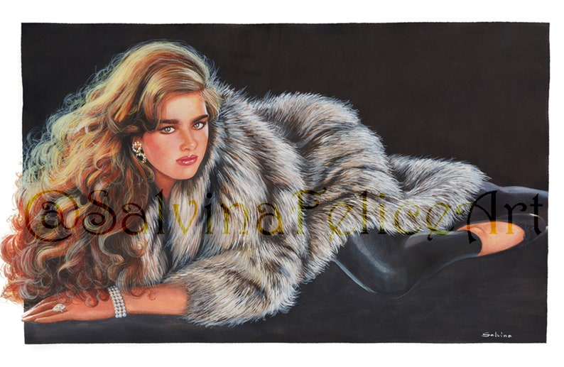 Print from my original mixed media painting Glamour, fur, red hair, young model, vintage fashion, eighties, long hair image 1