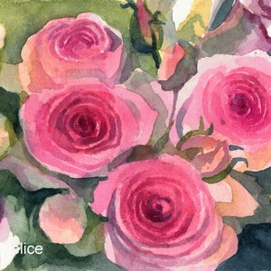 Rosas - pintura em aquarela original, flores cor de rosa, pintura floral, rosas floridas em um buquê, ideia de presente para mãe, cartão postal,