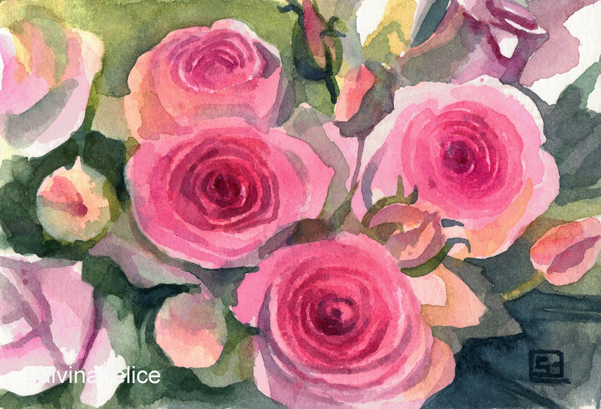 Rozen - origineel aquarelschilderij, roze bloemen, bloemenschilderij,  bloeiende rozen in een boeket, cadeau-idee voor moeder, ansichtkaart, -  Etsy België, image size:2000x1362