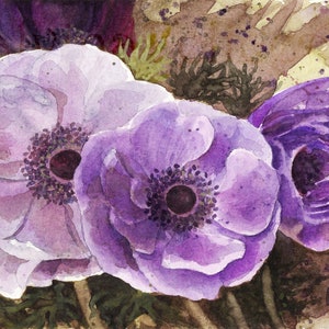 Três anêmonas roxas - pintura em aquarela original, pintura de flores em um grupo roxo, pequenas flores de primavera, cartão postal artístico, ideia de presente