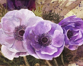 Tre anemoni viola-dipinto originale a acquarello,pittura di fiori in gruppo viola,fiori primaverili piccoli,cartolina artistica,idea regalo