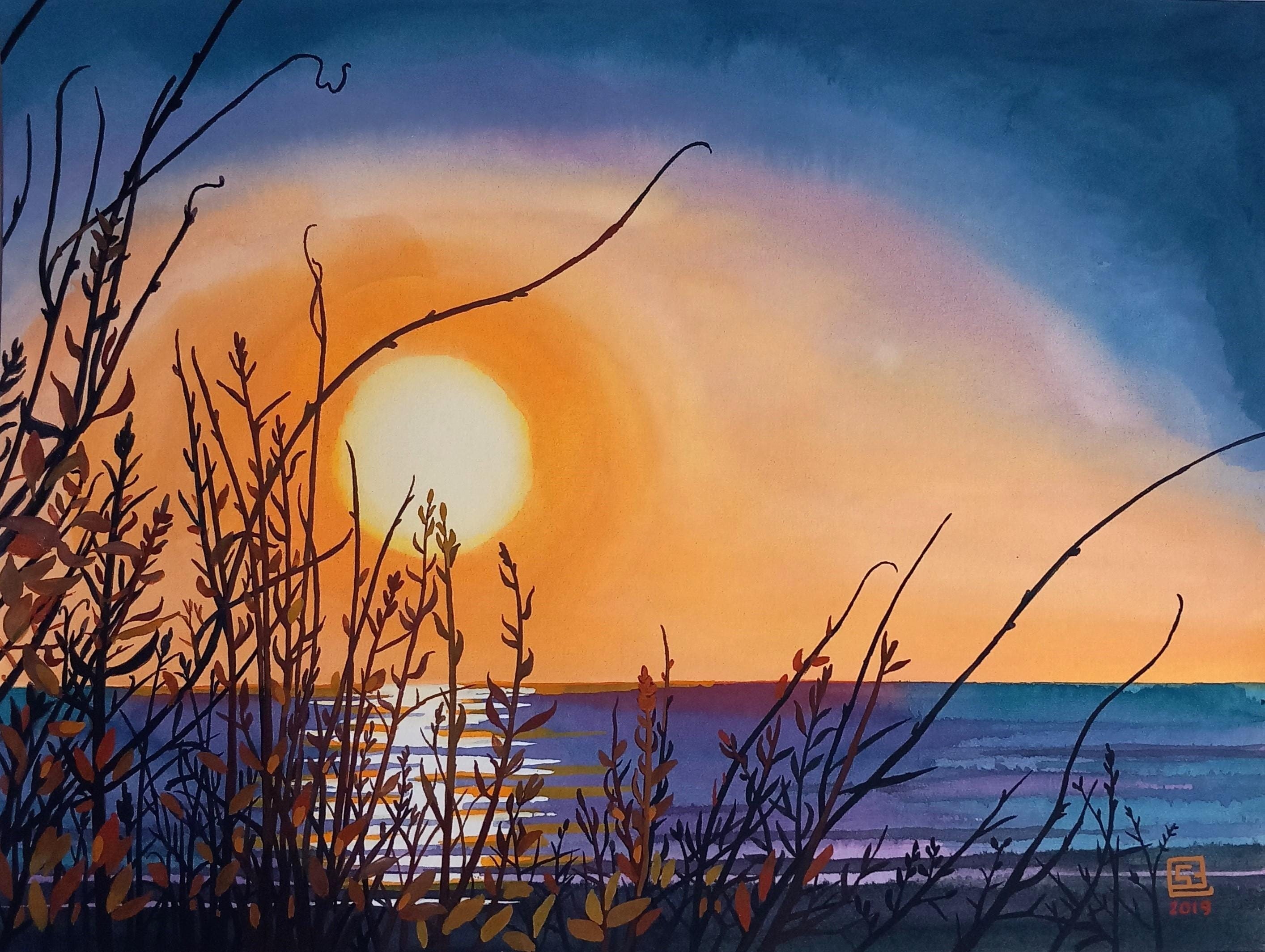 朝の太陽 - オリジナルのガッシュの絵画、海の景色、海景の絵画、海に