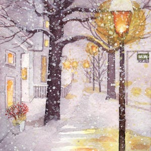 Nel silenzio-Dipinto a acquarello,pittura originale,neve che cade,luce dei lampioni,strada deserta innevata,cartolina,idea regalo,alberi