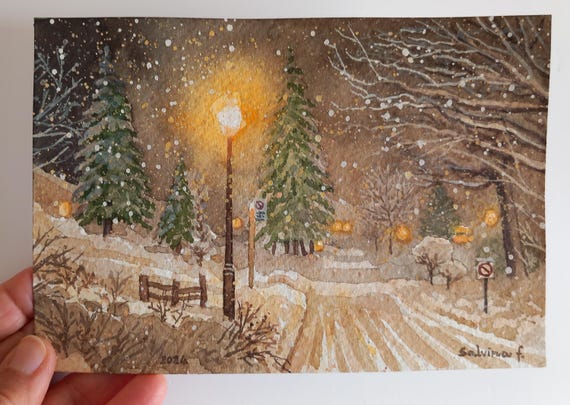 夜の降雪 – オリジナルの水彩画、街灯に照らされた街路画、大雪、雪に