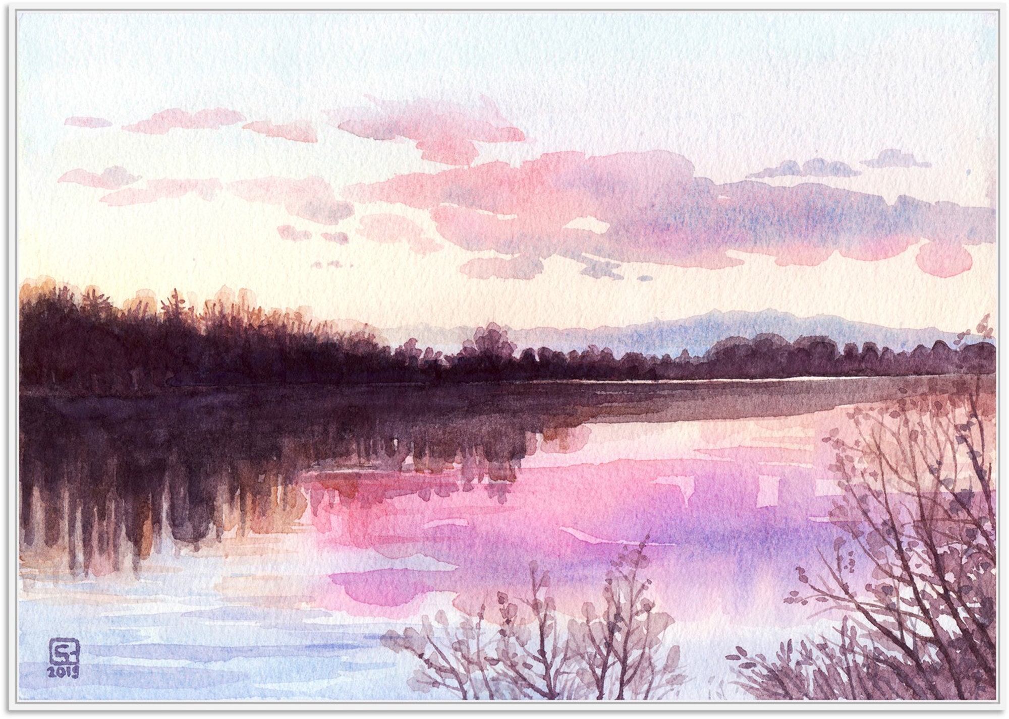 水彩画の風景 ボートと水面の反射 川の上のオーロラ - オリジナルの水彩画、湖の風景画、夜明け、山、森