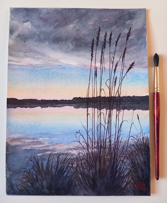 湖の反射 - オリジナルの水彩画、湖の風景、夜明け、日の出、昇る太陽