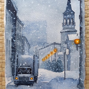 Neve in città-Dipinto originale a acquarello,pittura di città sotto la neve,cartolina da collezione,furgone in strada,vie illuminate,luci