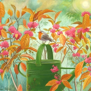 Pettirosso al sole di novembre-dipinto originale a guazzo ,pittura sole autunnale,innaffiatoio verde,bacche rosa di callicarpa,foglie gialle
