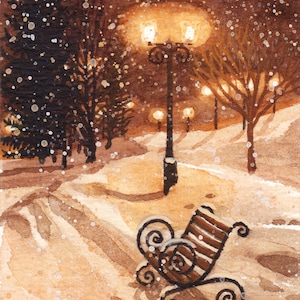Noche mágica - pintura original de acuarela, pintura de banco iluminada por farolas, banco cubierto de nieve en el parque, tarjeta, miniatura