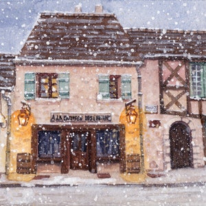 Cae la noche - pintura original de acuarela, pintura de casas históricas, antiguas casas francesas, pueblo bajo la nieve, postal coleccionable