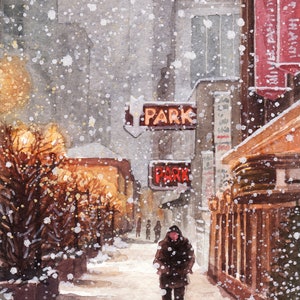 Está nevando - pintura original de acuarela, pintura de paisaje de ciudad invernal, está nevando en la ciudad, hombre en la calle bajo la nieve, postal artística