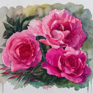 Rose in giardino-dipinto a acquarello originale,pittura fiori grandi primaverili,rose rosse nel fogliame verde,gruppo di rose fiorite