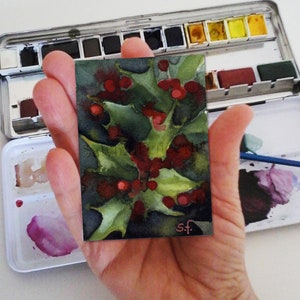 Astratto natalizio-dipinto a acquerelli originale,pittura di ilex bacche rosse,agrifoglio,miniatura da collezione,biglietto regalo,ACEO,