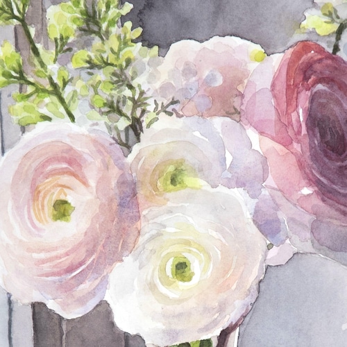 アネモネの束 - オリジナルの水彩画、赤と紫のアネモネの絵