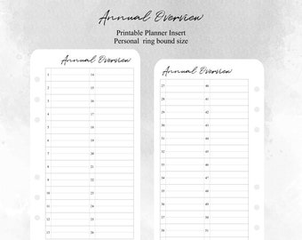 Personal size- Annual Overview printable planner insert A004