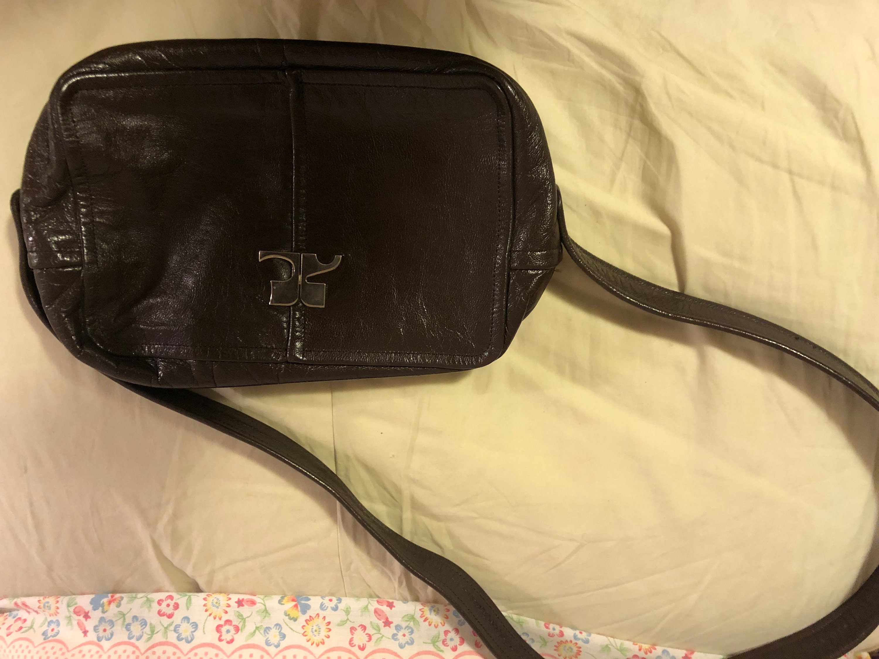 Vintage COURREGES Black Pebble Leather Structured AC Logo Handbag Purse  NOS