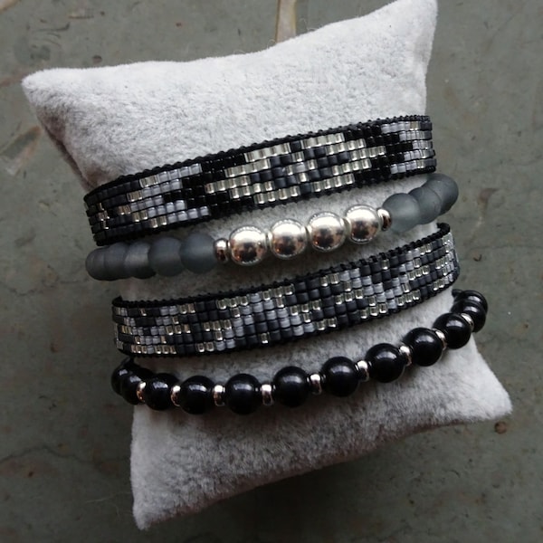 Black loom bracelet // Black,silver & grey bracelets // Loom beaded bracelet // Beadloom bracelet // Miyuki delica bracelet