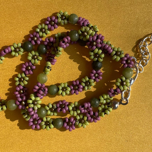 Green & purple flower necklace // Daisy flower necklace // seed bead and mocha stone necklace // Autumn flower necklace