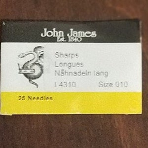 May include: A package of 25 John James sewing needles, size 010, labeled "Sharps Longues Nähnadeln lang L4310". The package features a black and white illustration of a snake with a crown.