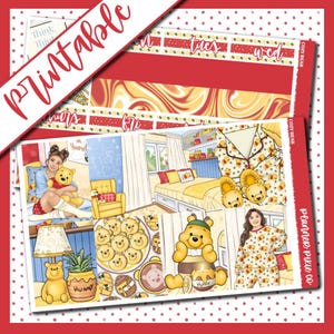 May include: A printable planner sticker sheet with a Winnie the Pooh theme. The sheet features illustrations of Winnie the Pooh, pajamas, and various decorative elements in yellow, red, and white. Text includes "Printable", "Think", and "Hunny".