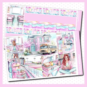 May include: A planner sticker sheet with a school theme. The design features illustrations of a school building, school bus, classroom, and students. The color palette includes pink, blue, and yellow.