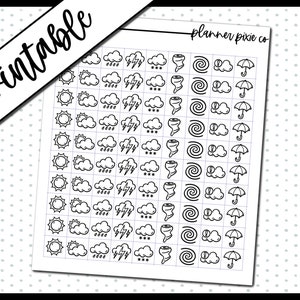 Può includere: Adesivi per planner meteorologico stampabili con icone per sole, nuvole, pioggia, fulmini, stelle, tornado e ombrello. Gli adesivi sono in bianco e nero e sono disposti in file su uno sfondo bianco. Il testo "planner pixie co" è nell'angolo in alto a destra.