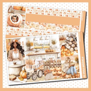 May include: A planner sticker sheet with a fall theme. The design features pumpkins, a squirrel in a pumpkin, and a woman in a field. The text "Thrill, Treats, Sweet" is included. The color palette is warm, with orange and beige tones.