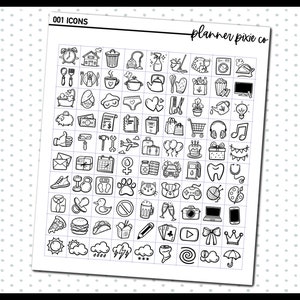 May include: A black and white printable sheet of 100 doodle icons. The icons include a variety of themes such as home, food, travel, and more. The sheet is titled "001 ICONS" and "planner pixie co."