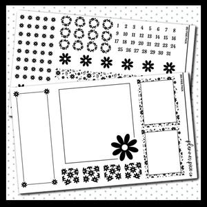 May include: Black and white printable planner stickers with a floral theme. The stickers include a calendar, frames, and various floral designs.