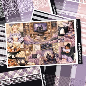 May include: A set of decorative planner stickers featuring a Halloween theme with purple and black color palettes. The stickers display illustrations of people in pajamas, haunted houses, ghosts, pumpkins, popcorn, and cozy living room scenes.