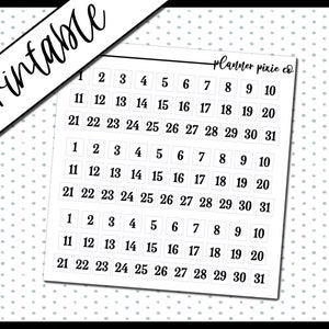 May include: Three sets of printable number stickers for a planner or journal. Each set includes the numbers 1 through 31 in white squares with black numbers.