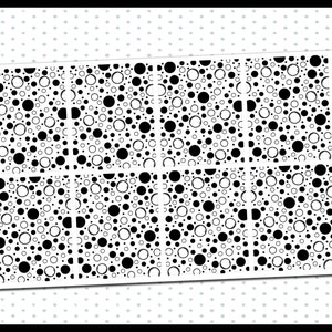 May include: Six black and white patterned squares with a polka dot design. The squares are arranged in two rows of three. The pattern is made up of black and white circles of varying sizes.