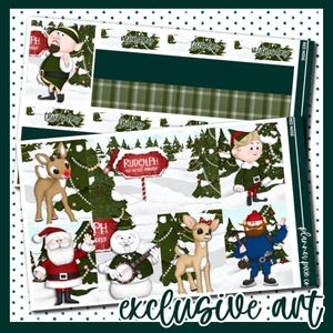 May include: A set of Christmas planner stickers featuring a snowman playing a banjo, Santa Claus, Rudolph the Red-Nosed Reindeer, an elf, and a lumberjack. The stickers are on a white background with green trees and red and white polka dots.