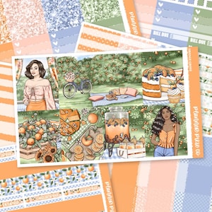May include: A planner sticker sheet with an orange grove theme. The sheet features illustrations of oranges, cake, a picnic scene, and women. The color palette includes orange, blue, and green. The text "Orange Grove" and "Planner Pixie Co" are visible.