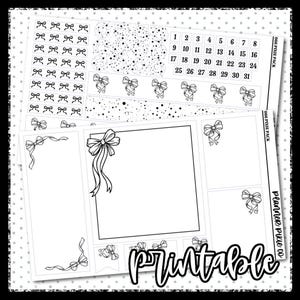 May include: Black and white planner stickers with bow and ribbon designs. Includes a calendar, decorative elements, and the word "Printable". The stickers are designed for use in a planner or journal.