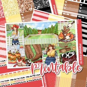 Puede incluir: Una hoja de pegatinas para planificador con temática de vaquera. La hoja incluye ilustraciones de vaqueras, botas de vaquero, una fogata y un bolso de piel de vaca. La palabra "Printable" está escrita en rojo en la parte inferior.