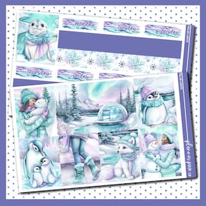 May include: A planner sticker sheet with a winter theme. The sheet features illustrations of a seal, penguins, a fox, and people in winter clothing. The days of the week are labeled, along with snowflake and aurora borealis designs. The color palette includes blues, purples, and whites.