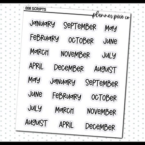 May include: A sheet of planner stickers with the months of the year written in a script font. The stickers are white with black lettering and are arranged in rows of three. The text "planner pixie co" is at the top right corner of the sheet.